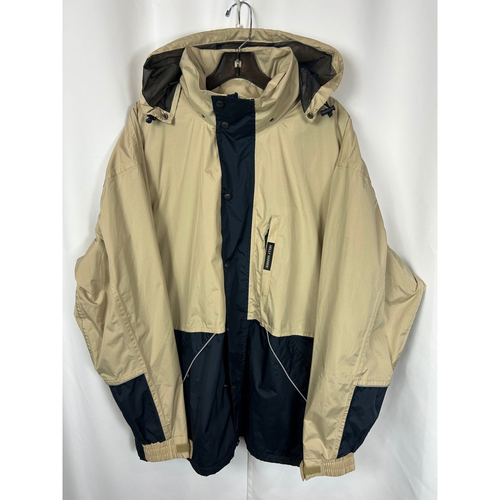 Helly Hansen Tan Navy Colorblock Hooded Windbreaker Jacket Vintage Gorpcore XL